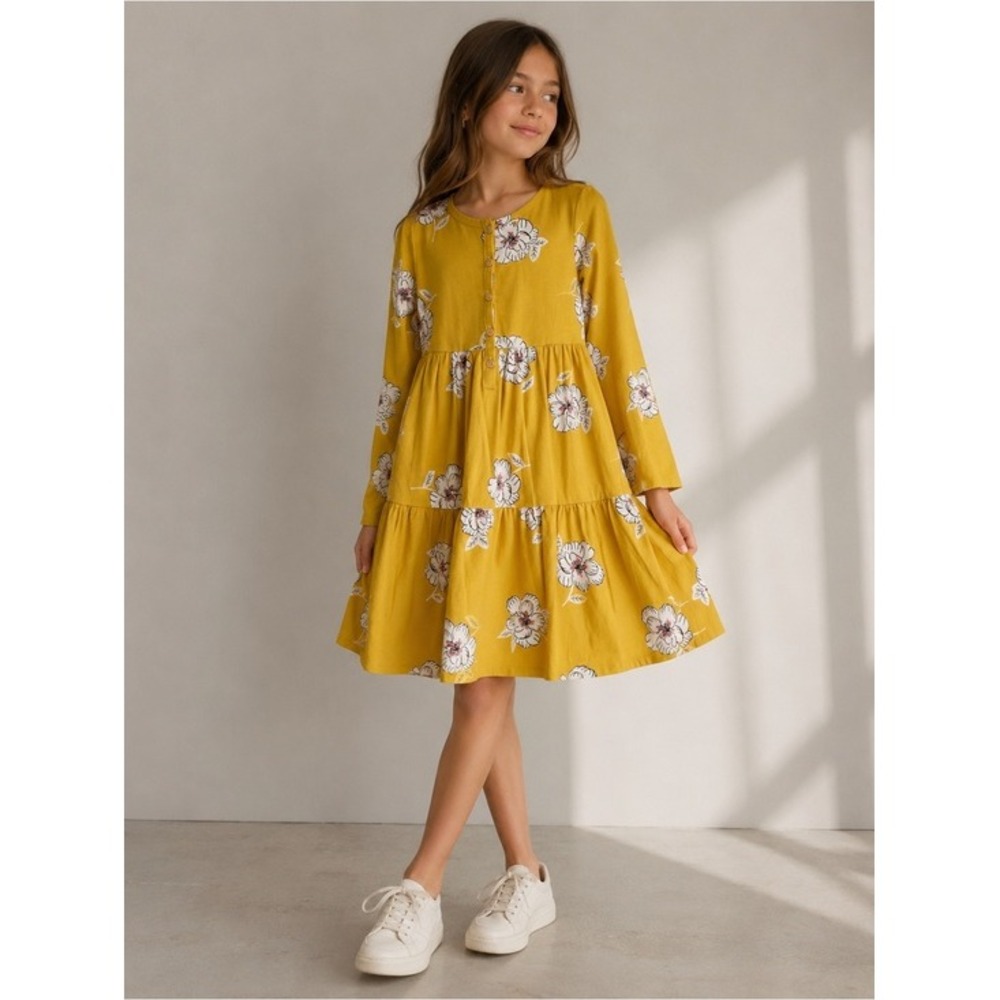 Tea Collection Tiered Dress Cotton Floral Mustard Yellow Size 12 Girls Casual